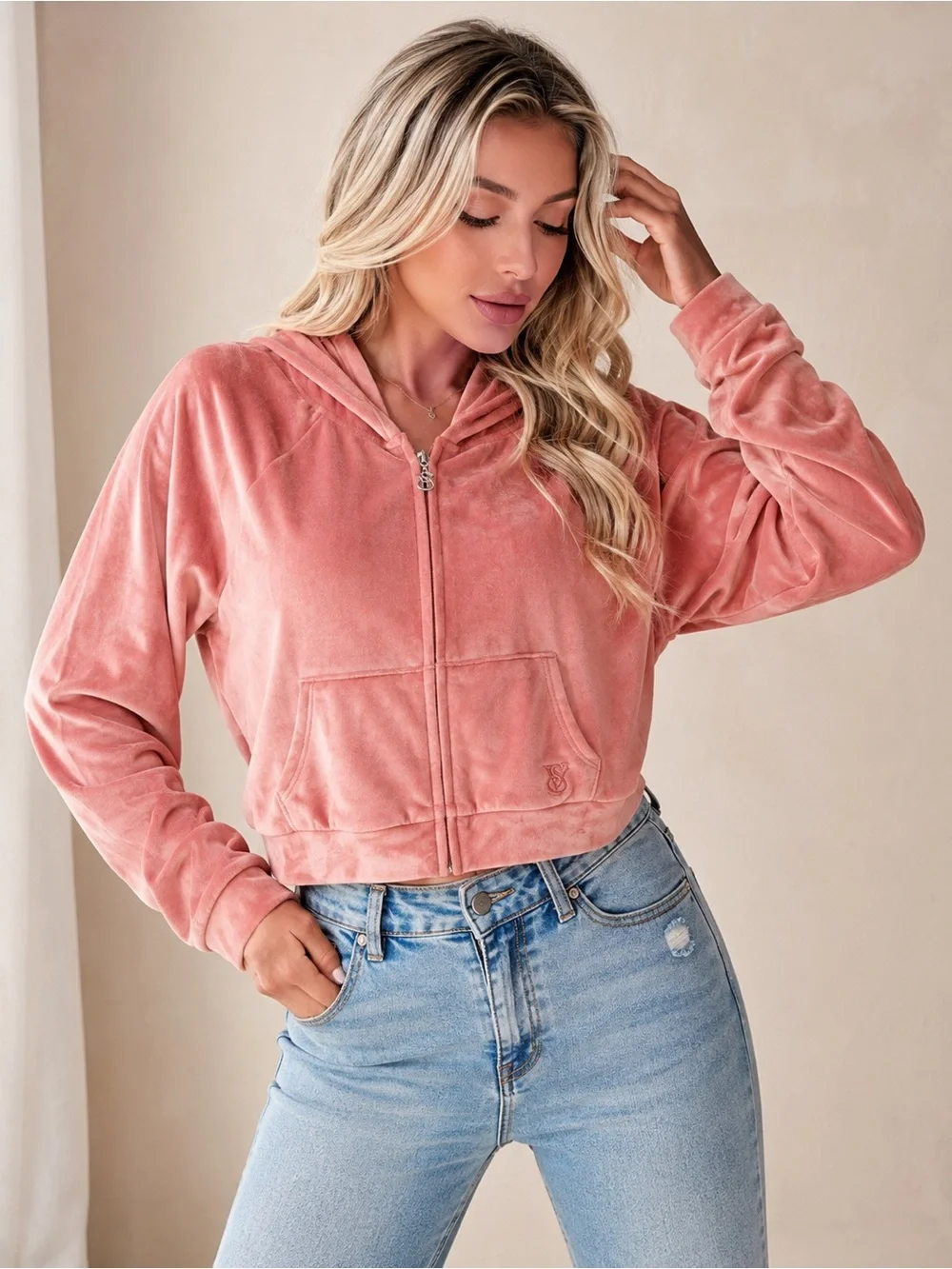 Velvet Zip-Up Hoodie Crop Top - Dusty Rose